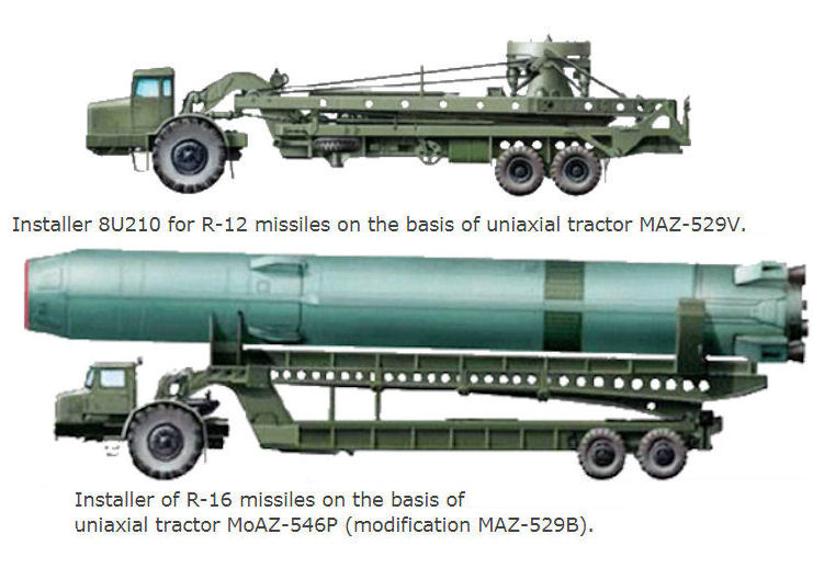 MAZ-529V-8U210 (R-12) et MoAZ-546P/MAZ-529B (R-16)
